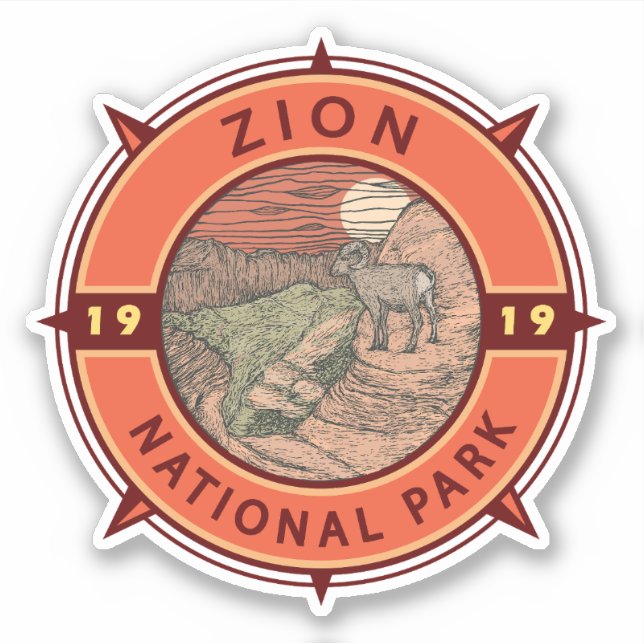 Zion National Park Bighorn Sheep Retro Compass Sticker (Front)