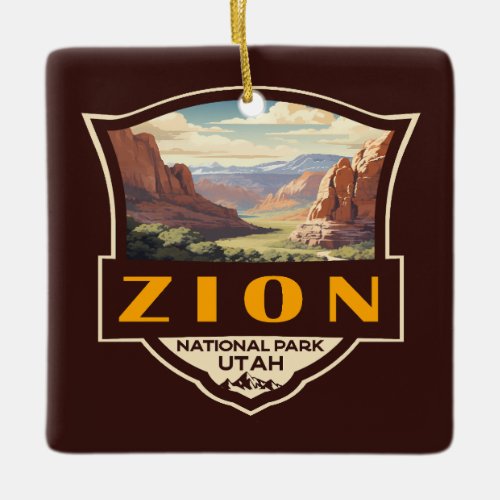 Zion National Park Illustration Retro Badge Ceramic Ornament