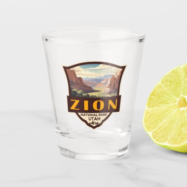 Zion National Park Illustration Retro Badge Shot Glass (Front)