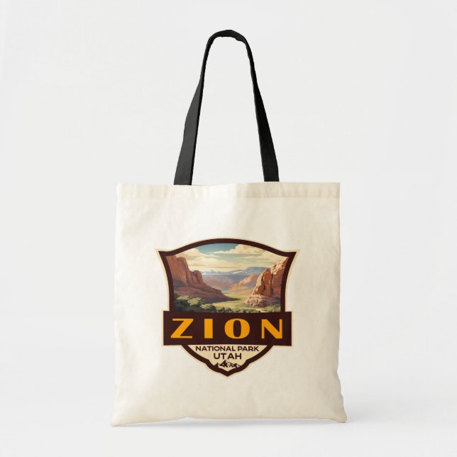 Zion National Park Illustration Retro Badge Tote Bag (Front)