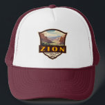 Zion National Park Illustration Retro Badge Trucker Hat<br><div class="desc">Zion vector artwork design. The park is a southwest Utah nature preserve distinguished by Zion Canyon’s steep red cliffs.</div>