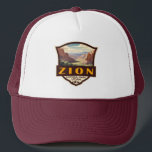 Zion National Park Illustration Retro Badge Trucker Hat<br><div class="desc">Zion vector artwork design. The park is a southwest Utah nature preserve distinguished by Zion Canyon’s steep red cliffs.</div>