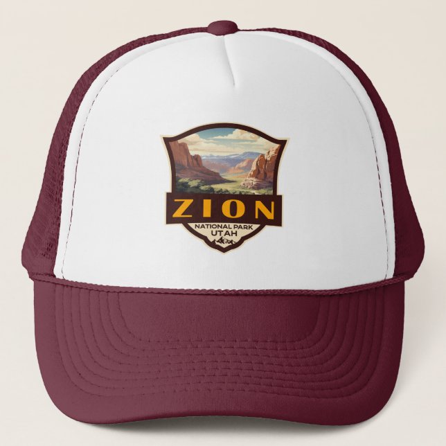 Zion National Park Illustration Retro Badge Trucker Hat (Front)