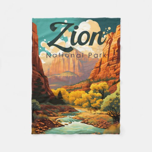 Zion National Park Illustration Retro Fleece Blanket