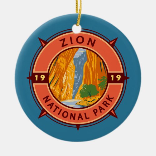 Zion National Park Retro Compass Emblem Ceramic Ornament