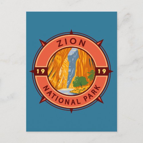 Zion National Park Retro Compass Emblem Postcard