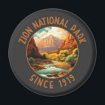 Zion National Park Retro Distressed Circle Magnet<br><div class="desc">Zion vector artwork design. The park is a southwest Utah nature preserve distinguished by Zion Canyon’s steep red cliffs.</div>