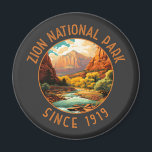 Zion National Park Retro Distressed Circle Magnet<br><div class="desc">Zion vector artwork design. The park is a southwest Utah nature preserve distinguished by Zion Canyon’s steep red cliffs.</div>