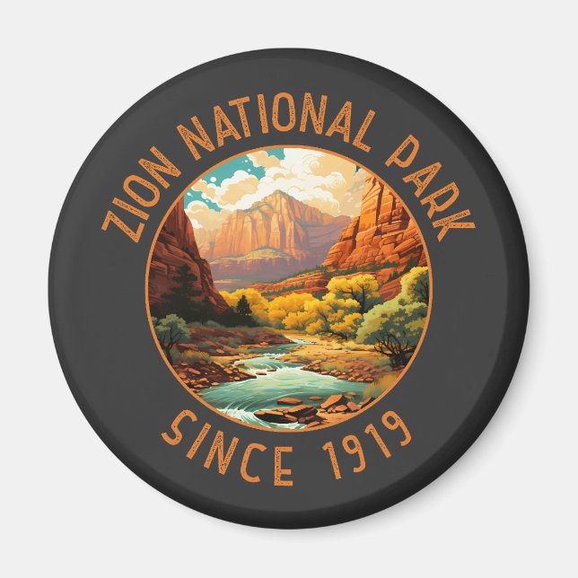 Zion National Park Retro Distressed Circle Magnet (Front)