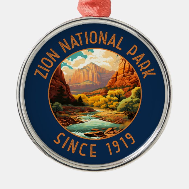 Zion National Park Retro Distressed Circle Metal Ornament (Front)
