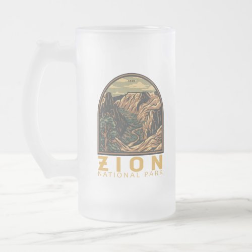 Zion National Park Retro Emblem Frosted Glass Beer Mug