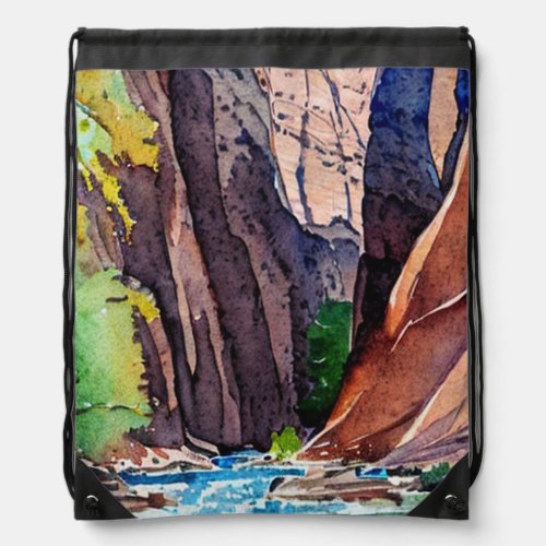 Zion National Park Utah The Narrowsby water color Drawstring Bag
