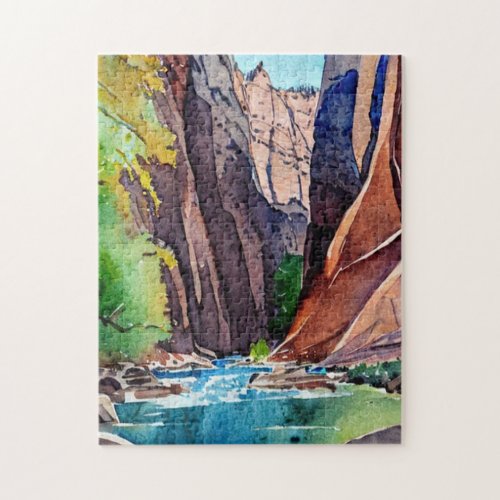 Zion National Park Utah The Narrowsby water color Jigsaw Puzzle