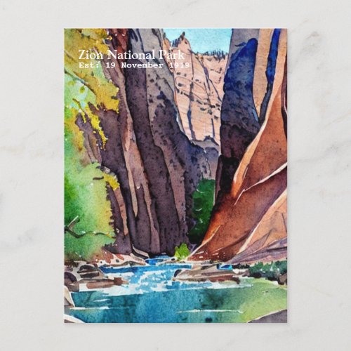 Zion National Park Utah The Narrowsby water color Postcard