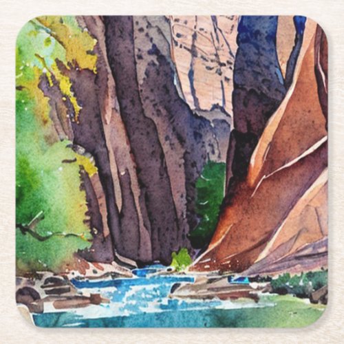 Zion National Park Utah The Narrowsby water color Square Paper Coaster