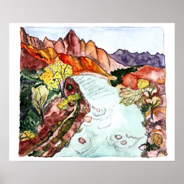 Zion National Park Virgin River Watercolor Art Poster (Front)