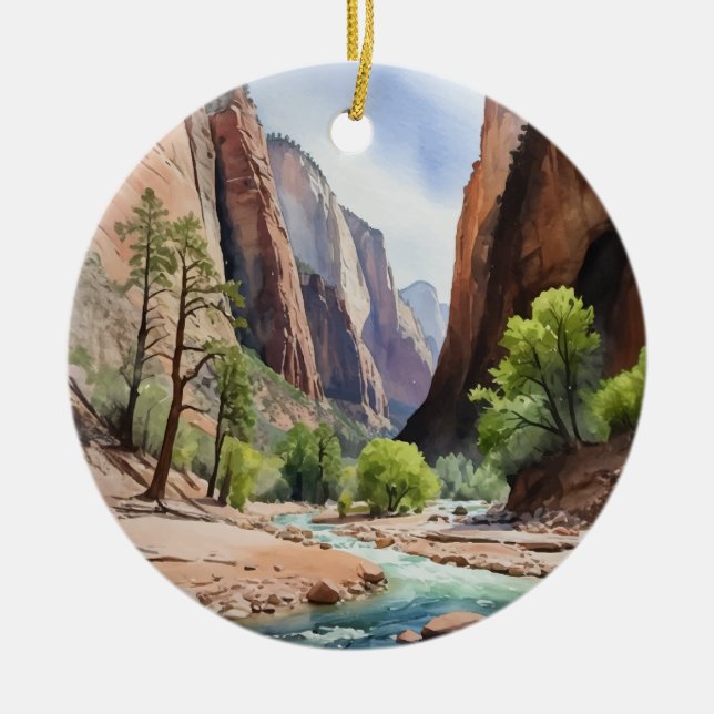 Zion National Park Watercolor Ceramic Ornament (Front)