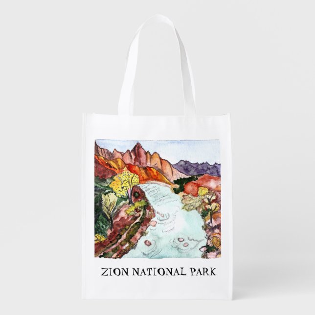 Zion National Park Watercolor Painting Colorful Grocery Bag (Front)
