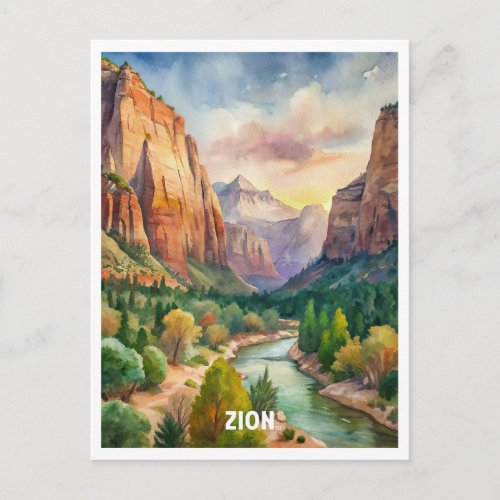 Zion National Park Watercolor Painting  Postcard