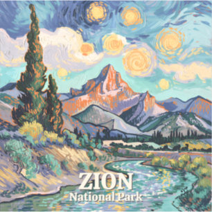 Zion Vibrant Landscape Retro River Sunset Van Gogh Sticker