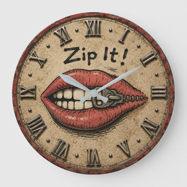 Zip It! Funny Vintage Zipper Lips  Large Clock (Front)