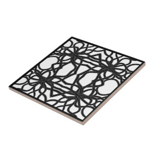 Zip Tied Black On White Curvy Symmetrical Pattern  Ceramic Tile