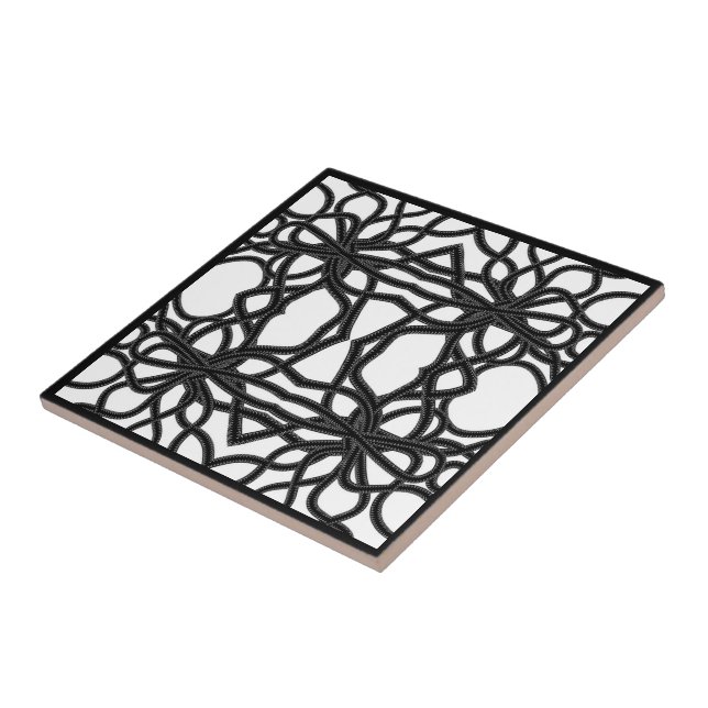 Zip Tied Black On White Curvy Symmetrical Pattern  Ceramic Tile (Side)