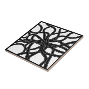 Zip Tied Black On White Curvy Symmetrical Pattern  Ceramic Tile