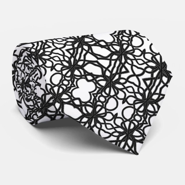 Zip Tied Black On White Curvy Symmetrical Pattern Neck Tie (Rolled)