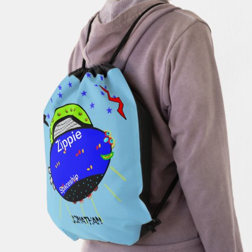 Zippie Blue Green Fish Spaceship Drawstring Bag