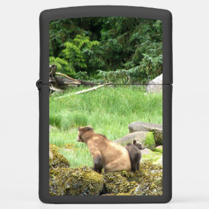 Zippo Black Matte Lighter w/ grizzly bear & cub