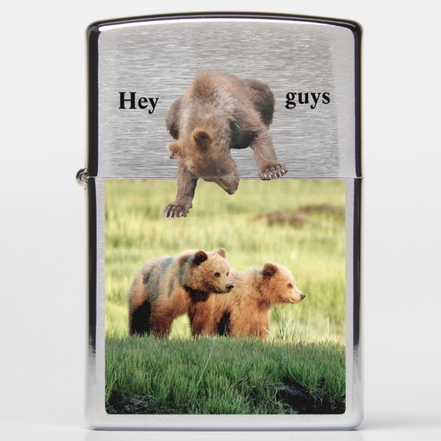 Zippo Brushed Chrome  Lighter w/ grizzly bear cubs (Front)