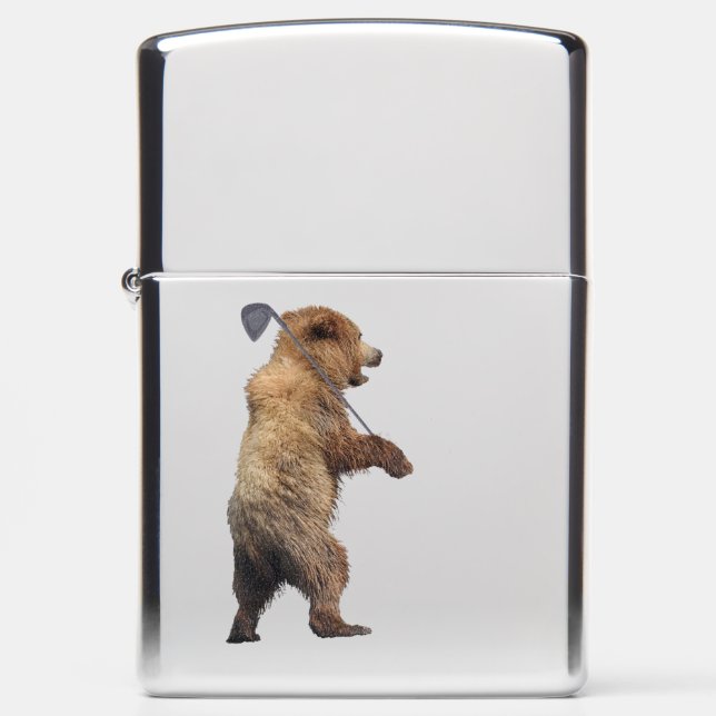 Zippo High Polish Chrome Lighter w/ golfing bear (Front)