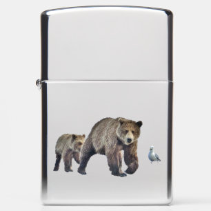 Zippo High Polish Chrome Lighter w/ grizzly bears