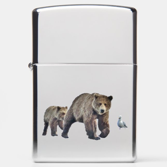 Zippo High Polish Chrome Lighter w/ grizzly bears (Front)