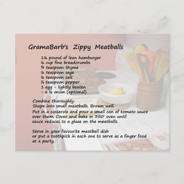 Zippy Meatballs Recipe Postcard (Front)