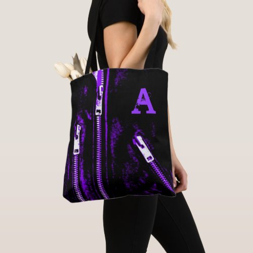 Zips Purple print Monogram all over tote bag