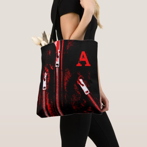 Zips Red print Monogram all over tote bag