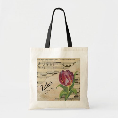 Zither Elegant Tulip Vintage Sheet Music Tote Bag