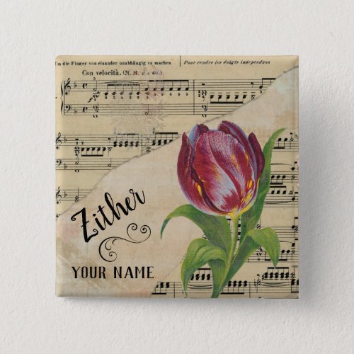 Zither Tulip Vintage Sheet Music Customized Square Button