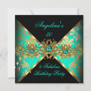 ZIZZAGO DESIGN Fabulous 50 Jade Gold Damask Party Invitation