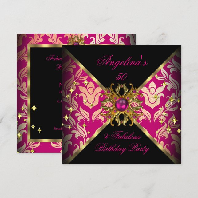 ZIZZAGO DESIGN Fabulous 50 Pink Gold Damask Party Invitation (Front/Back)