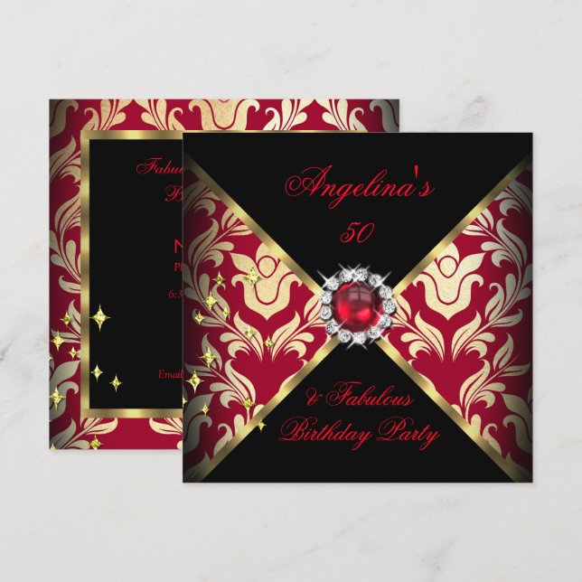 ZIZZAGO DESIGN Fabulous 50 Red Gold Damask Party Invitation (Front/Back)