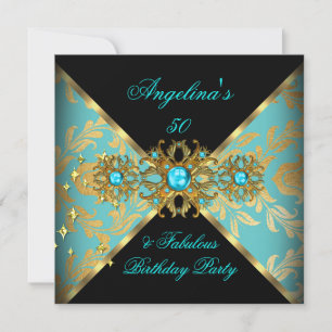 ZIZZAGO DESIGN Fabulous 50 Teal Gold Damask Party Invitation