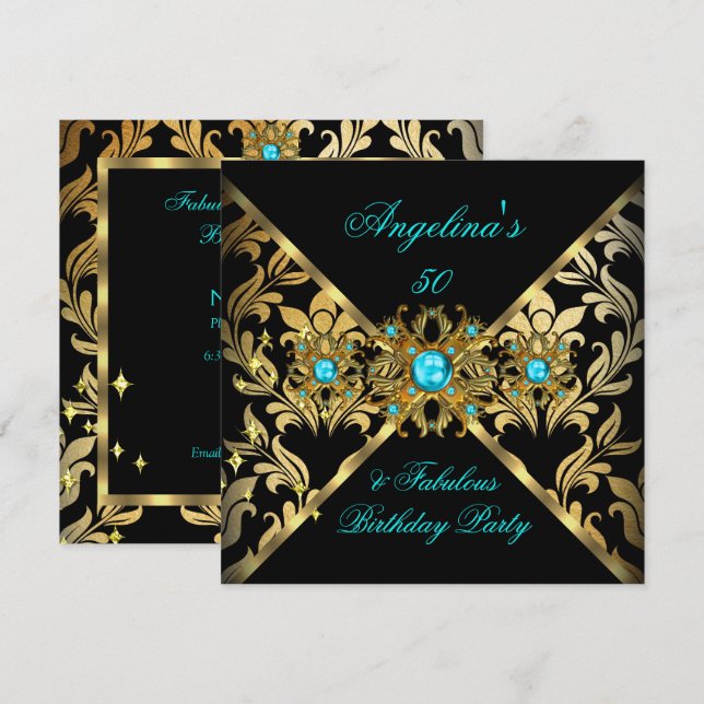 ZIZZAGO DESIGN Fabulous Teal Gold Black Damask Invitation (Front/Back)