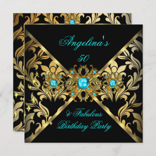 ZIZZAGO DESIGN Fabulous Teal Gold Black Damask Invitation