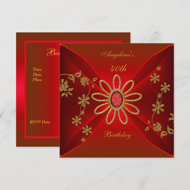 Zizzago Elegant 40th Birthday Rich Red Jewel Invitation (Front/Back)