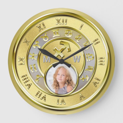 Zodiac Add Your Photo Gold Monogram Sagittarius Large Clock