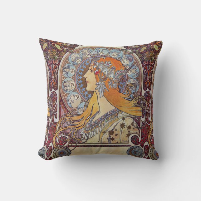 Zodiac and Her Tiara Alphonse Mucha Fine Art Throw Pillow (Front)