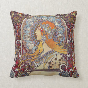 Zodiac and Her Tiara Alphonse Mucha Fine Art Throw Pillow